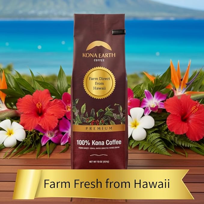 KONA EARTH 100% Kona Premium Coffee Medium Dark Roast Whole Bean 1 lb (16oz) Farm-Direct Authentic Hawaiian Kona Coffee beans from Hawaii’s Big Island Micro-Batch-Roasted