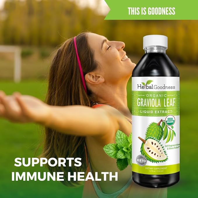 Herbal Goodness Soursop Graviola Liquid Drops 12 Fl Oz - 15X Strength Organic Guanábana Soursop Leaves Extract for Gut Health Cell &amp Immune Support Serene Soursop Drops - Vegan Non-GMO Made in
