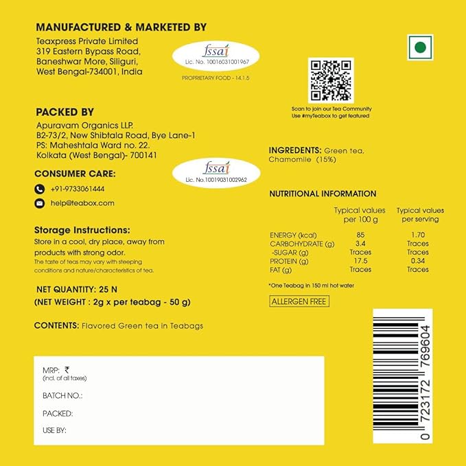 Teabox Premium Darjeeling Green Tea With Chamomile Flowers | 100% Whole Leaf &amp 0% Bitterness | Green Tea From The Himalayas | 25 Tea Bags (Low Caffeine)