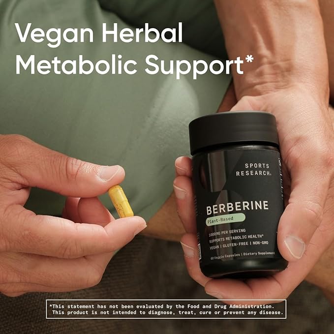 Sports Research Berberine - Herbal Ayurvedic Metabolic Health Support - 1000mg - 120 Capsules - Vegan Certified Gluten-Free Non-GMO