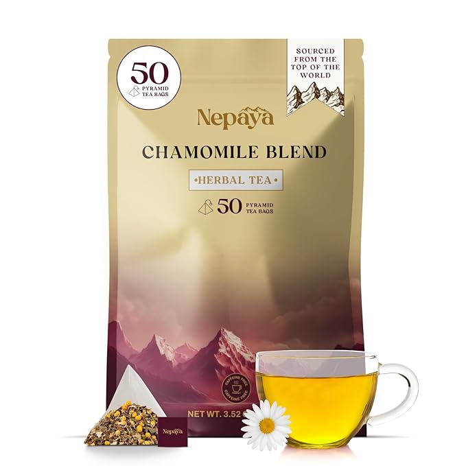 Nepaya Chamomile Herbal Tea Bags – 50 Count Pyramid Bags Himalayan Chamomile &amp Lemongrass Blend Biodegradable Caffeine-Free Sleep Tea for Relaxation and Bedtime Calm from Nepal
