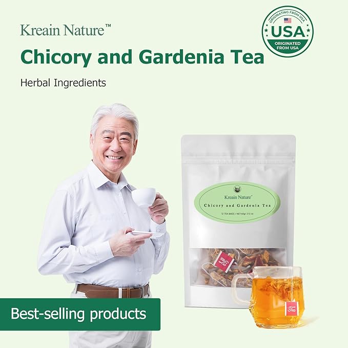 Kreain Nature Chicory &amp Gardenia Herbal Tea - Supports Healthy Blood Sugar Digestion Weight &amp Sleep Natural Sugar-Free Blend Vegan &amp Caffeine-Free 12 Tea Bags (2 Pack)