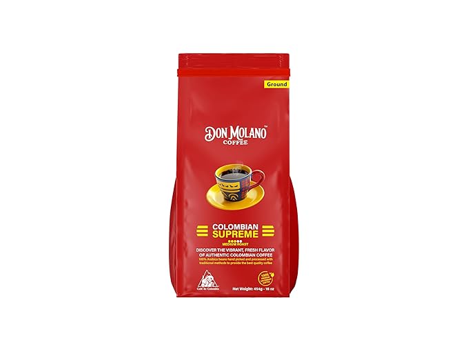 Don Molano Coffee Colombian Supreme Ground Coffee Medium Roast 16oz - Premium Colombian Coffee Halal Certified - Expertly roasted to bring out the perfect blend of acidity and sweetness with notes o