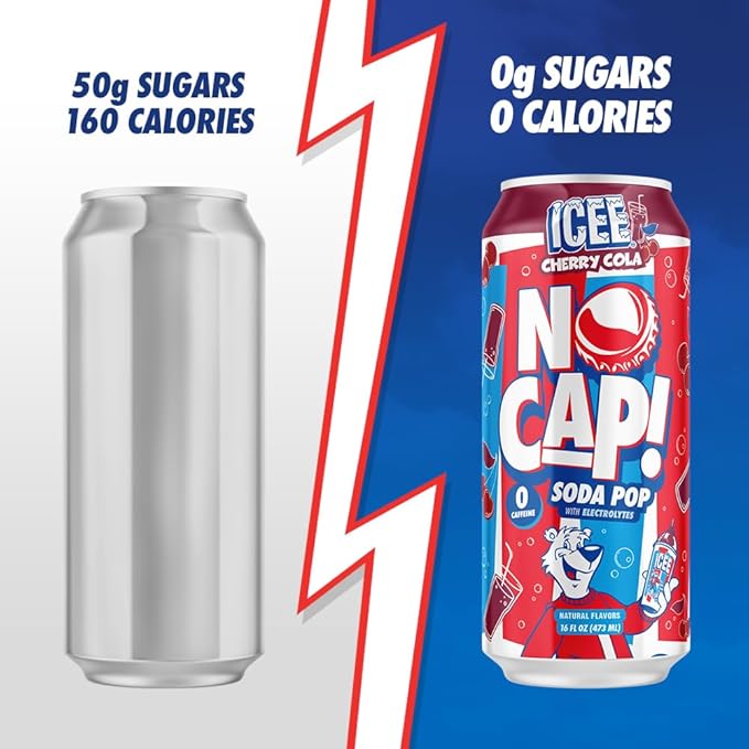 NO CAP! Next Gen Soda Pop Cherry Cola &amp Strawberry Lemonade Variety Pack Electrolytes for Hydration Zero Sugar Zero Calories Caffeine-Free Soda Vegan &amp Gluten-Free 16 oz Cans (12-Pack)