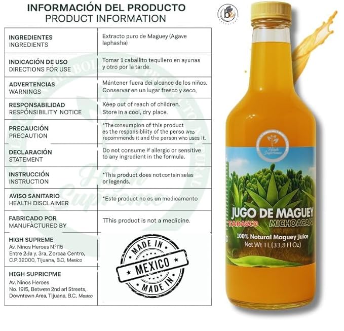 Maguey Juice – 1000 ml (1 L) – Pure Agave Jugo Maguey – Vegan 100% Artisanal Non-GMO – Natural Digestive Support – Rich in Vitamins B2 B3 &amp C Iron Calcium Magnesium &amp Zinc – Hecho en Méx