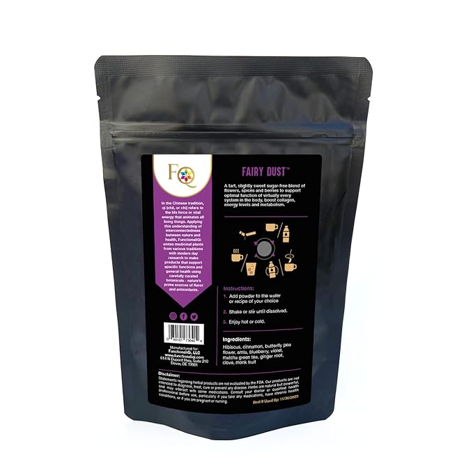 FunctionaliQi Fairy Dust Butterfly Pea Flower Matcha Green Tea Powder with Amla Hibiscus Ginger Monk Fruit Clove Blueberry Violet - Good for Skin Health Natural and Sugar-free (12 Pack)