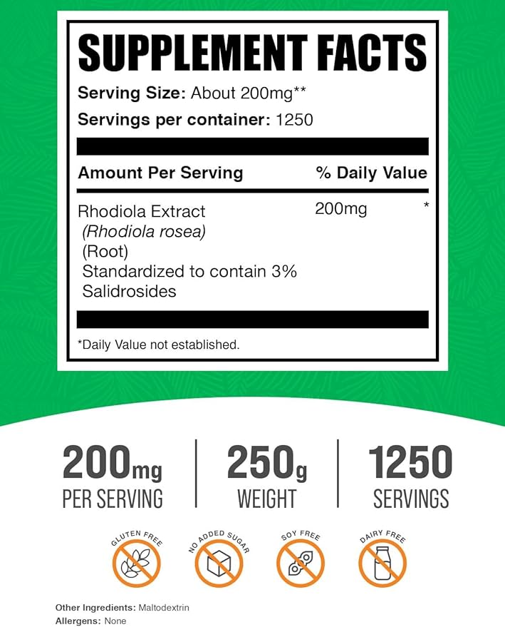 BulkSupplements.com Rhodiola Extract Powder - 3% Salidrosides Rhodiola Rosea Extract - Herbal Supplement Gluten Free 200mg per Serving 250g (8.8 oz) (Pack of 1)