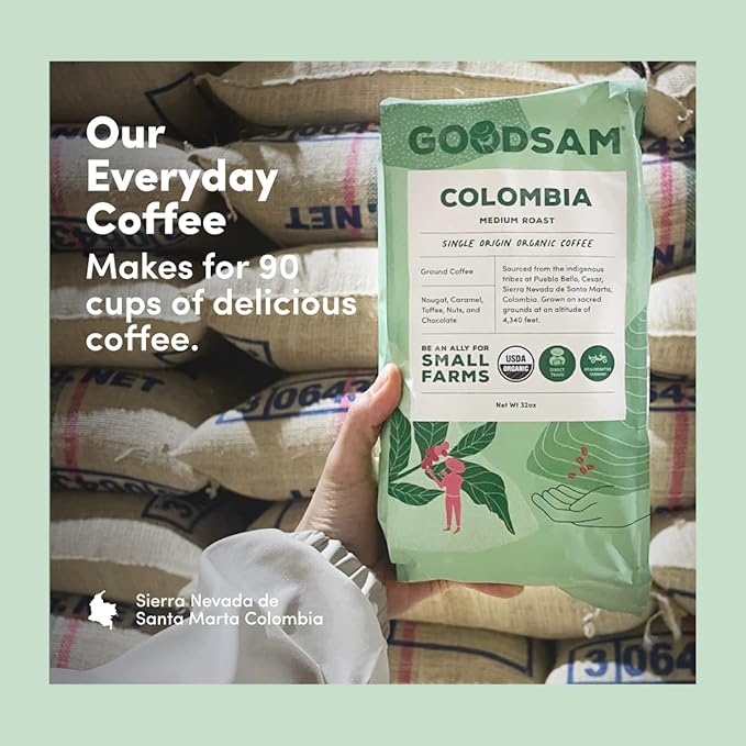 GoodSAM Colombian Medium Roast Organic Ground Coffee — Smooth &amp Balanced Flavor — Single-Origin Arabica Coffee — 32 oz Bulk Bag