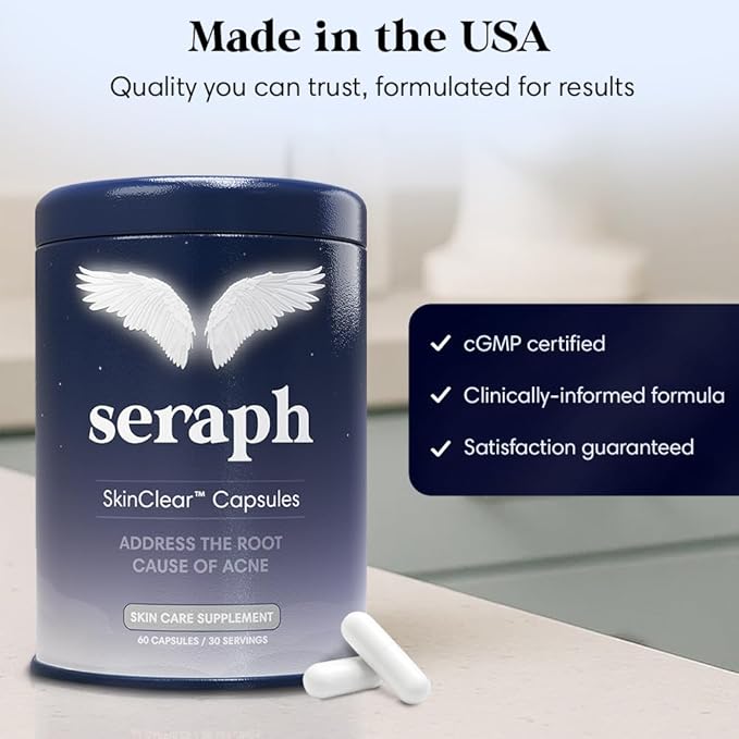 Seraph Acne Supplement - Hormonal Acne Pills Treatment - Pimple Supplements for Women - Skin Clear Capsules for Teen Men &amp Adults - Made in USA - 60 Tablets