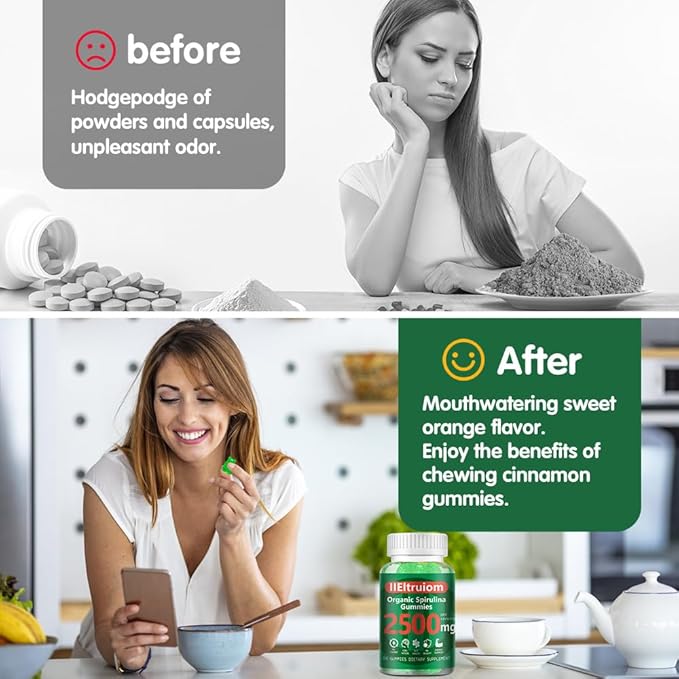 Spirulina Gummies Organic Spirulina 2500mg Enhanced Daily Energy - Your Daily Super Greens with Sea Moss Chlorophyll GLA Non-GMO Gluten Free 120 Vegan Gummies