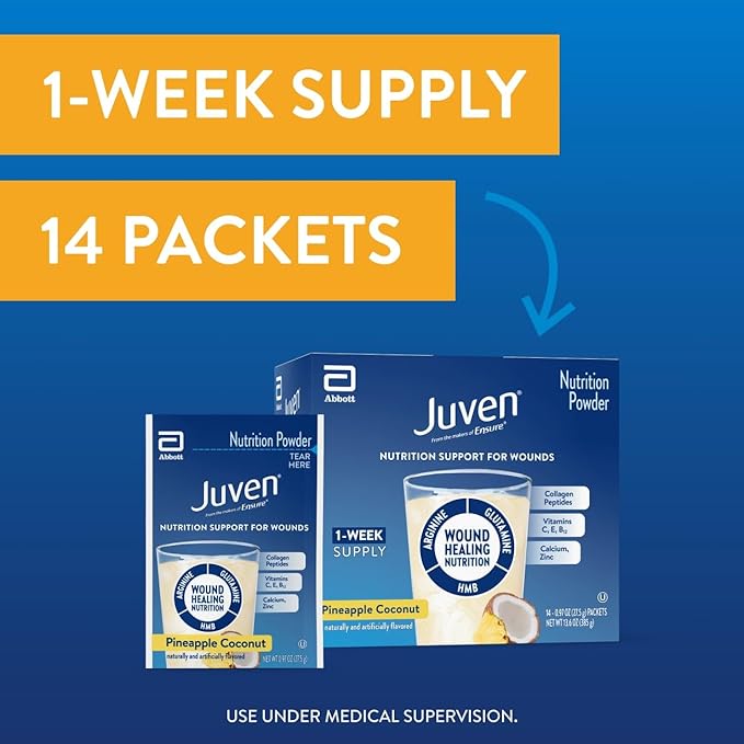 Juven Therapeutic Nutrition Drink Powder Including Collagen Peptides Amino Acids and HMB for Wound Healing Support Pineapple Coconut 14 Packets