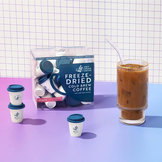 COZY INDIGO COFFEE - BEATS Cold Brew Light Medium Roast Instant Freeze Dried Specialty Coffee 24 Capsules 100% Arabica Beans Dissolves Instantly Enjoy Cold or Hot Perfect for Travel and On The Go