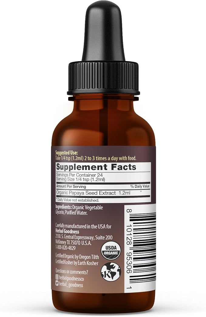 Herbal Goodness Papaya Seeds Digestive Enzymes 1oz -Organic Papaya Seed Extract for Gut &amp Digestive Health | Detox Cleanse Support Non GMO Gluten-Free Raw Unprocessed for High Potency