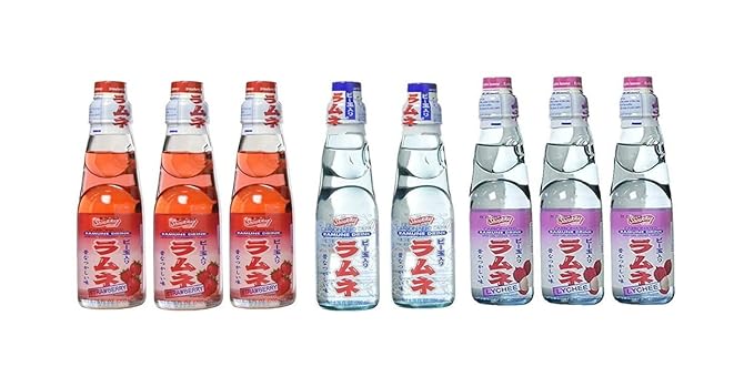 RAMUNE Japanese Soft Drink Variety 8-Pack 6.76 Fluid Ounce Each (Strawberry(3)-Lychee(3)-Original(2))