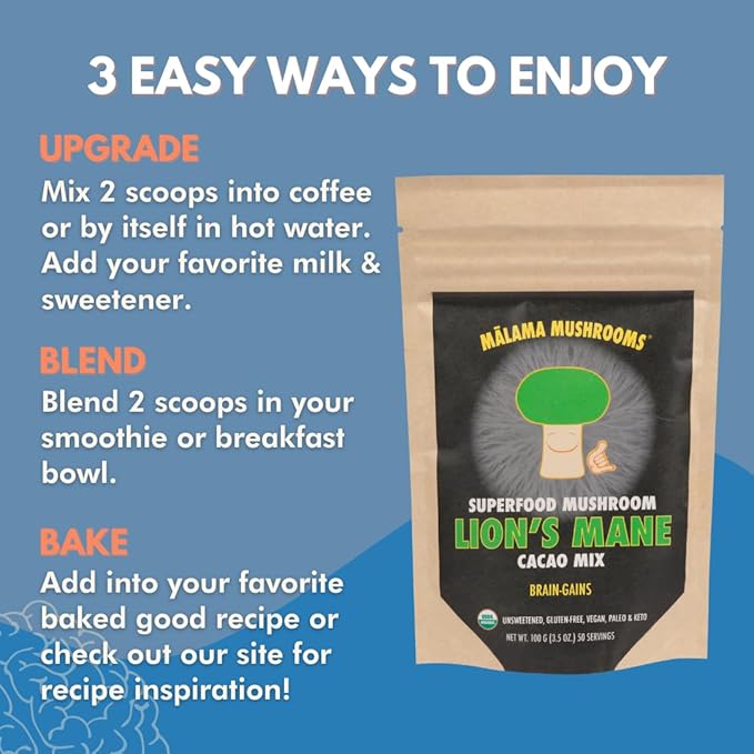 Malama Organic Mushroom Hot Cacao Mix Lion's Mane Mushroom Powder with Fair Trade Cacao for Focus Memory &amp Immune Support – Vegan Superfood Non GMO 3.5 oz (50 Servings)