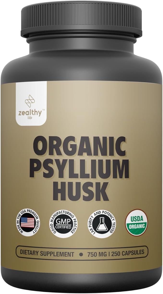 Organic Psyllium Husk Capsules 750 mg Natural Fiber Supplement for Gut Health* - Alternative to Psyllium Husk Powder Zealthy Life 250 Capsules