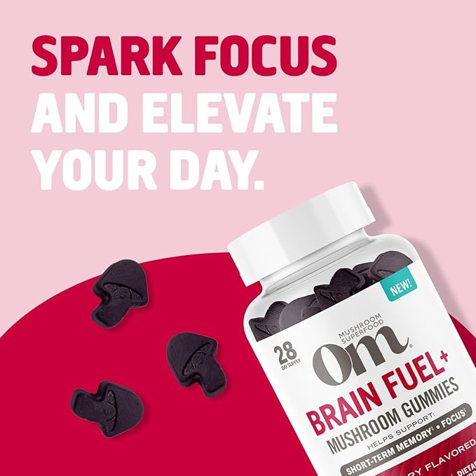 OM MUSHROOM SUPERFOOD Brain Fuel+ Gummies – USA Grown Organic Lion’s Mane – Supports Memory Focus &amp Cognitive Function – Raspberry Flavor – 28 Servings 56 Count.