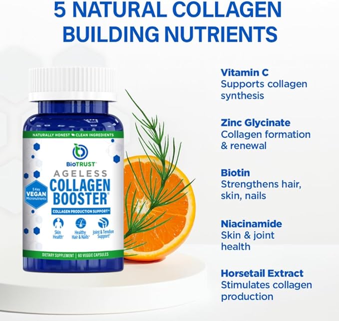 BioTrust Ageless Collagen Booster Powerfully Support Beauty from Within Vegan Collagen Builder for Glowing Skin Gorgeous Hair Beautiful Nails Healthy Joints 60 Capsules (30 Servings)