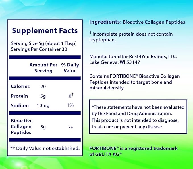 Collagen Bioactive Hydrolyzed Collagen Peptides Powder Supplement FORTIBONE® Unflavored Type I and III Gluten Free Kosher 60 Day Supply (2 Pack)
