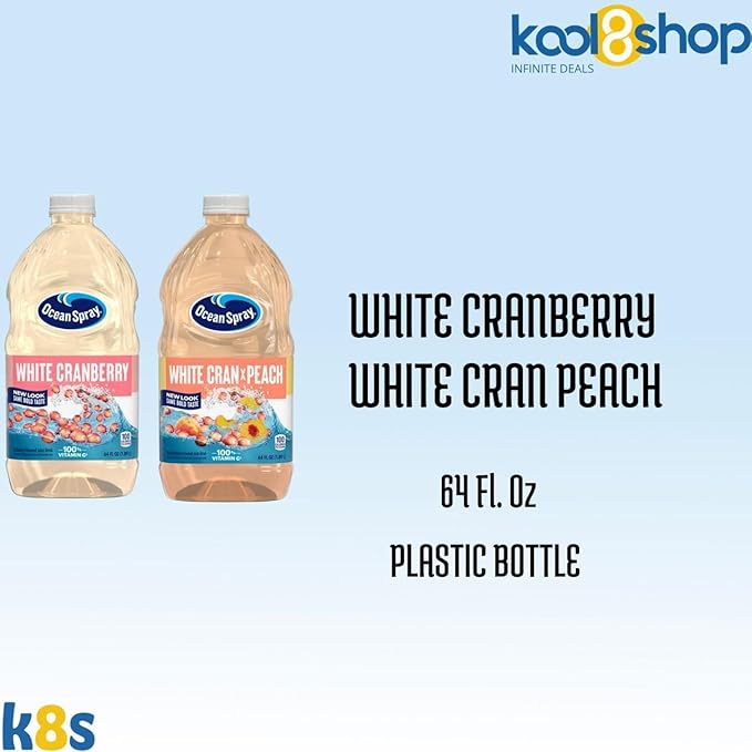 Ocean Spray White Cran Peach and White Cranberry Juice Drink 64 fl oz Plastic Bottles 4 Pack + 15 Sugarcane Disposable Straws by KOOL8SHOP Infinite Deals