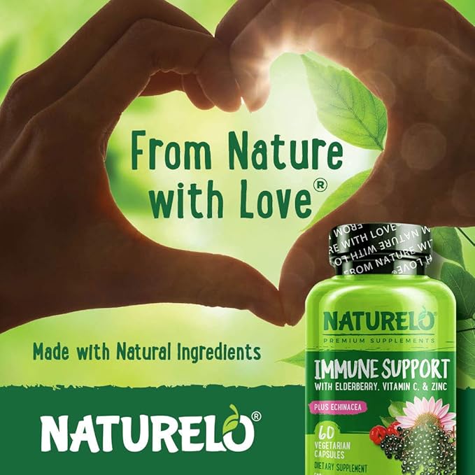 NATURELO Immune Support – Vitamin C Elderberry Zinc Echinacea – Natural Immunity Boost w/Antioxidant Herbal &amp Mineral Defense - 60 Vegan Capsules (Pack of 2)