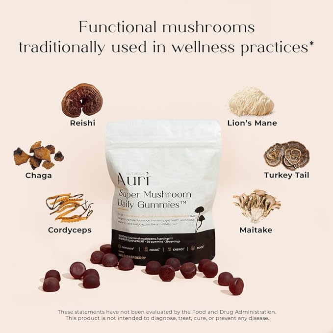 Auri Nutrition Super Mushroom Daily Gummies – All-in-One Functional Gummy with 12 Mushroom Blend Including Lion’s Mane Reishi Chaga &amp Cordyceps – 60 Gummies