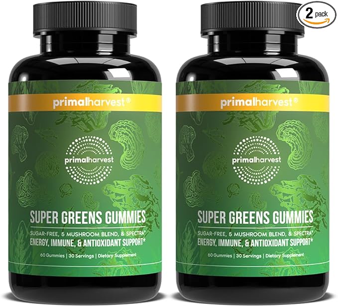 Primal Harvest Super Greens Gummies Superfood Blend with Adaptogenic Mushrooms Vitamins &amp Nutrient-Rich Minerals &amp Antioxidants for Energy &amp Immune Support (1 Pack (60 Count) Berry)