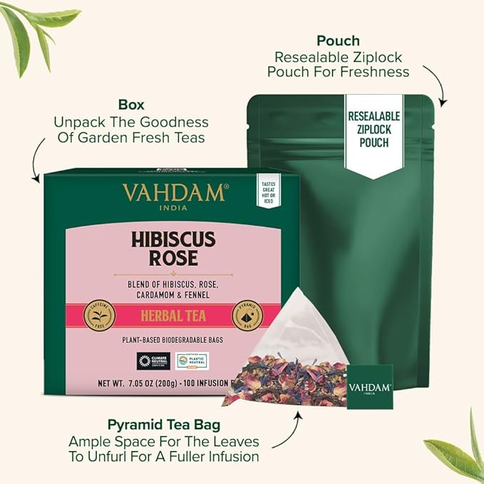 VAHDAM Hibiscus Rose Tea Bags - 100% Whole Hibiscus Flowers Herbal Tea Bags (100 Count) With Rose Chamomile &amp Exotic Spices | Caffeine Free Floral Flavor Tisane | Resealable Ziplock Pouch