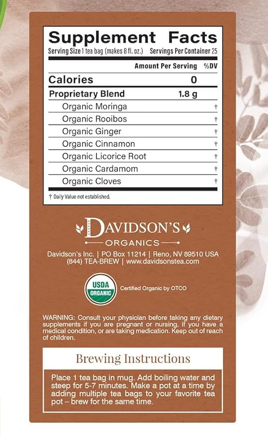Davidson's Organics Moringa Chai 25-count Tea Bags Pack of 6