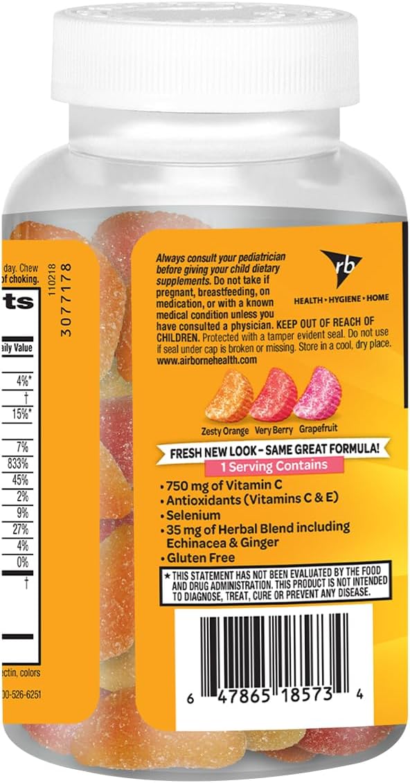 Airborne 750mg Vitamin C Immune Support Supplement Gummies for Adults Assorted Fruit Flavor Gluten Free Crafted Blend with Powerful Antioxidants Vitamins A C &amp E 42 Gummies (2 Pack)