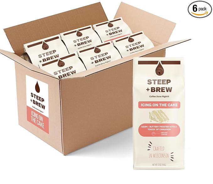 STEEP + BREW Icing on the Cake Dessert Coffee | Premium Arabica Coffee | Ground | Light Roast | 12 oz | PACK OF 6