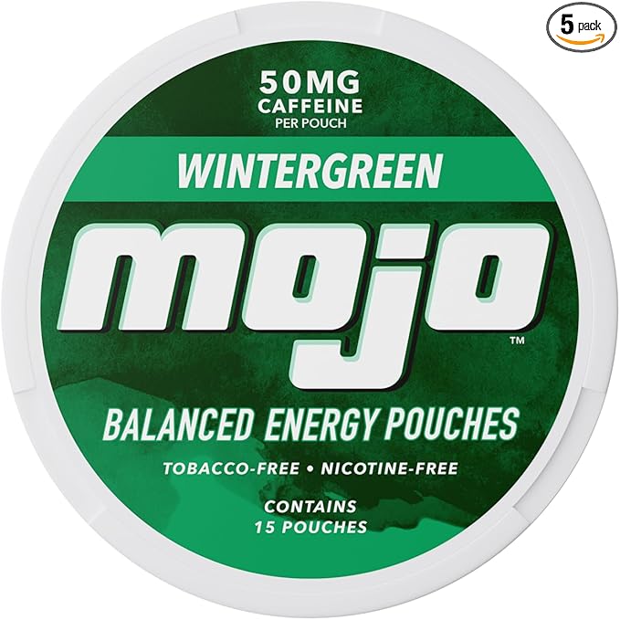 Mojo™ Balanced Energy Pouches | Healthier Energy Drink Alternative | Zero Sugar &amp Calorie-Free with Ginseng Yerba Mate B-Vitamins and Amino Acids | 15 Pouches Per Can | 5 Cans of Wintergreen