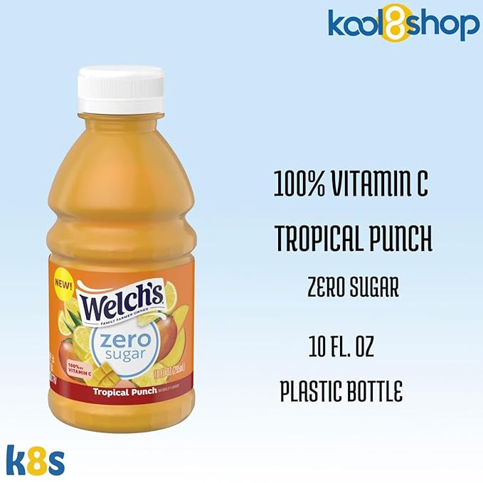 Welch's Zero Sugar Tropical Punch Juice Drink 10 fl oz Plastic Bottle 24 Pack + 2 Reusable Snack Bags by KOOL8SHOP Infinite Deals