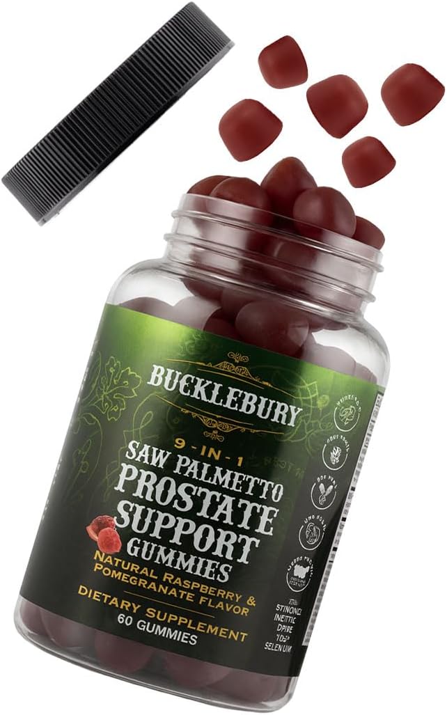 BUCKLEBURY 9-in-1 Natural Saw Palmetto Gummies with Raspberry &amp Pomegranate Flavor - Plant-Based Prostate Support Supplements for Mens Bladder Health Hair Growth &amp Urinary Support - 60 Gummie