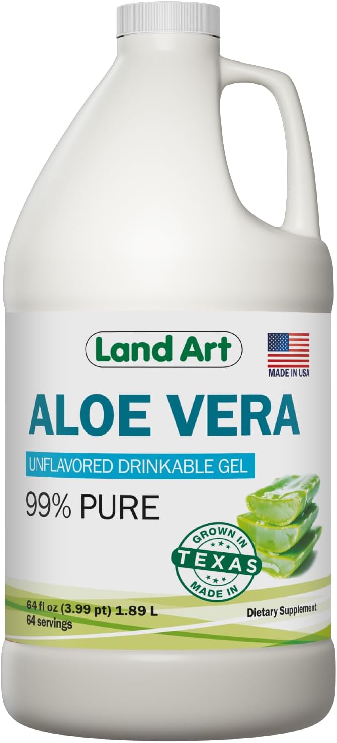 Land Art - Organic Aloe Vera Drinkable Gel for Heartburn &amp Acid Reflux Relief - 99.7% Pure - Cold-Processed - Improves Digestive Health - Soothing and Natural - Vegan &amp Gluten-Free - 64 fl oz