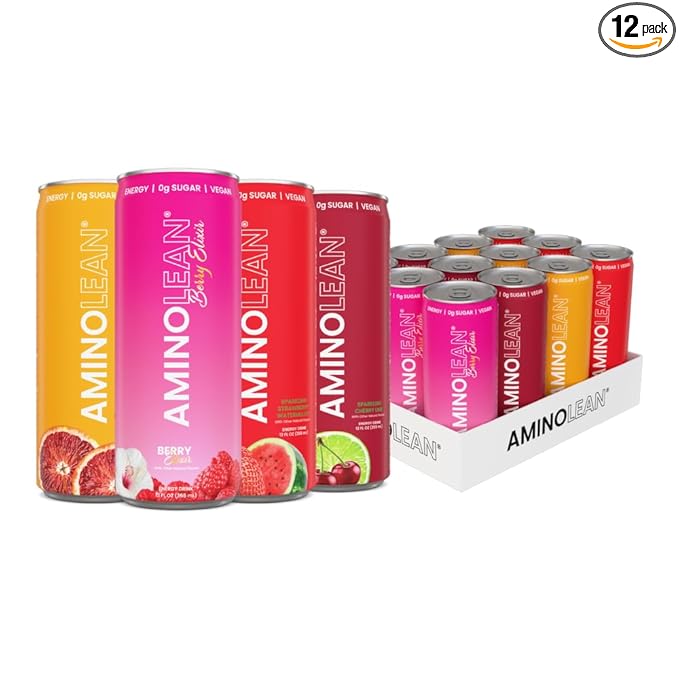 AminoLean Energy Drink – Sugar Free Amino Energy with Natural Caffeine &amp Vegan Amino Acids for No Jitters Tingles or Crash Variety 12 Pack