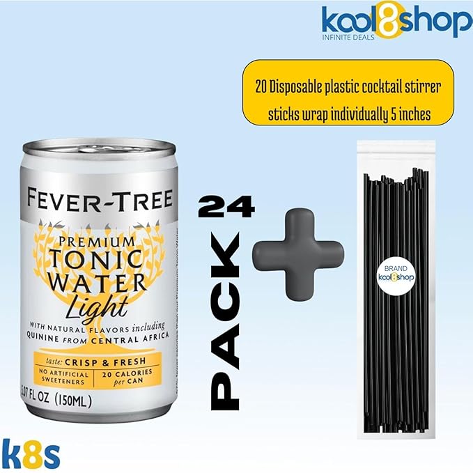 Fever-Tree Tonic Water Light Premium Mixer 5.07 fl oz Aluminum Cans 24 Pack + 20 Plastic Stirrer Sticks by KOOL8SHOP Infinite Deals