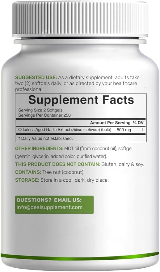 Odorless Aged Garlic 500 Softgels – Enhanced with MCT Oil - Fresh Allium Sativum Bulb Source – 2-Years Aged Garlic Extract – Non-GMO cGMP Manufactured