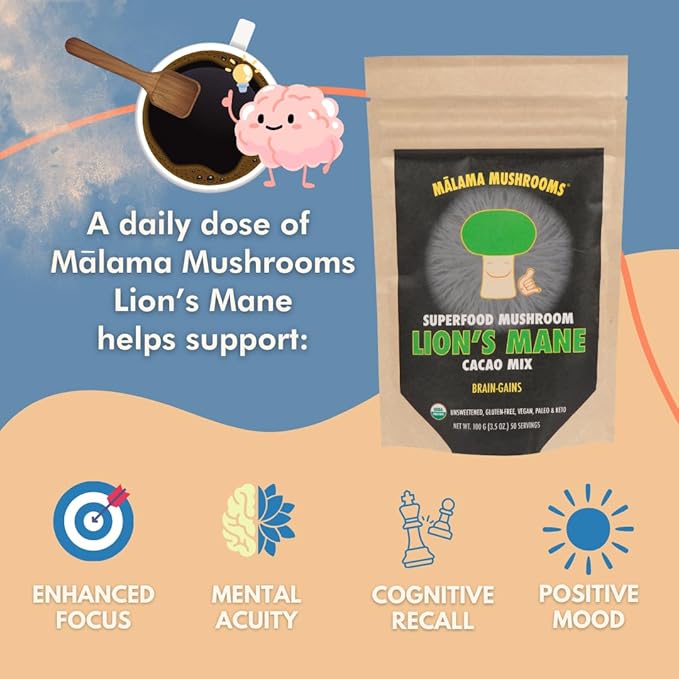 Malama Organic Mushroom Hot Cacao Mix Lion's Mane Mushroom Powder with Fair Trade Cacao for Focus Memory &amp Immune Support – Vegan Superfood Non GMO 3.5 oz (50 Servings)