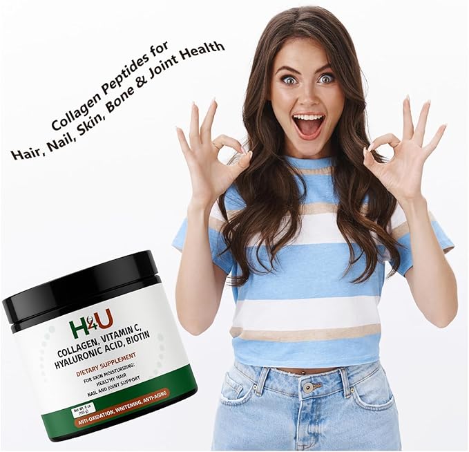 H4U Collagen Peptides Powder Plus with Vitamin C and Hyaluronic Acid &amp Biotin with Beauty Blend for Skin Hydration Healthy Hair Nails and Joint Support Unflavored Powder 7 Ounces 20 Servings
