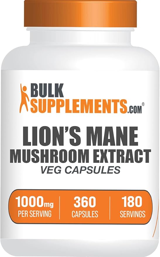 BulkSupplements.com Lion's Mane Mushroom Extract Capsules - Mushroom Supplement Brain Supplement for Memory and Focus Support - Vegan 2 Capsules per Serving (1000mg) 360 Capsules (Pack of 1)
