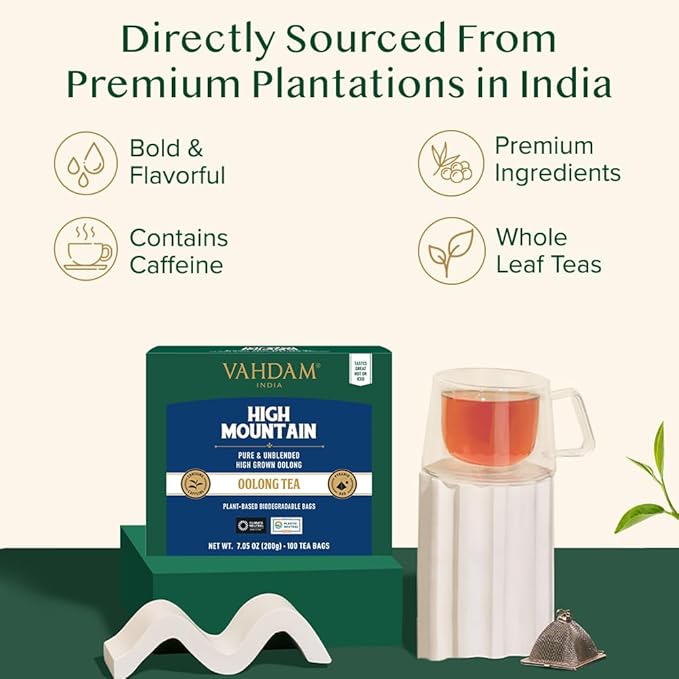 VAHDAM High Mountain Oolong Tea Bags (100 Count) Non GMO Gluten Free | High Grown Oolong Tea Leaves - Light &amp Floral | Resealable Ziplock Pouch