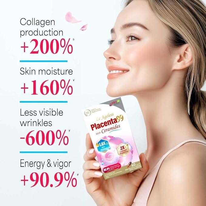 LABO Nutrition Le Ageless Placenta 99 with Ceramides -Placenta Supplement with Collagen Peptides Oryza Ceramides-Skin Regeneration Hydration Anti-Aging Wrinkle Support Immune Health 60 Capsulesx3