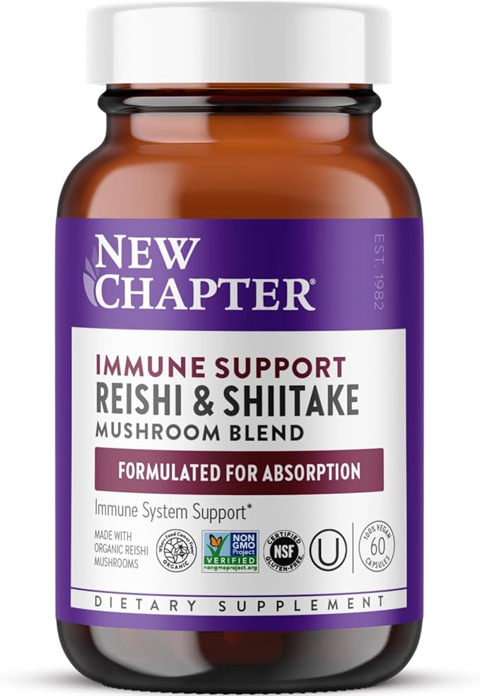 New Chapter Immune Support Reishi &amp Shiitake Mushroom Blend with Organic Reishi Mushroom Vegan + Non-GMO Nootropic Ingredients - 60 ct