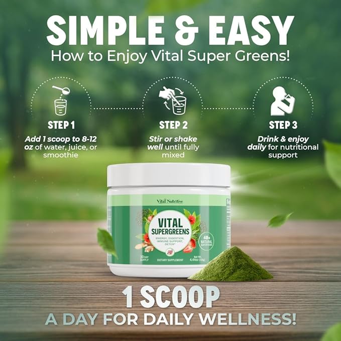 Vital Greens Superfood Powder – New Formula with 40+ Superfoods Daily Green Drink Powder w/Probiotics – Supergreens for Energy Gut Health Digestion Support Plant-Based Vegan Superfoods