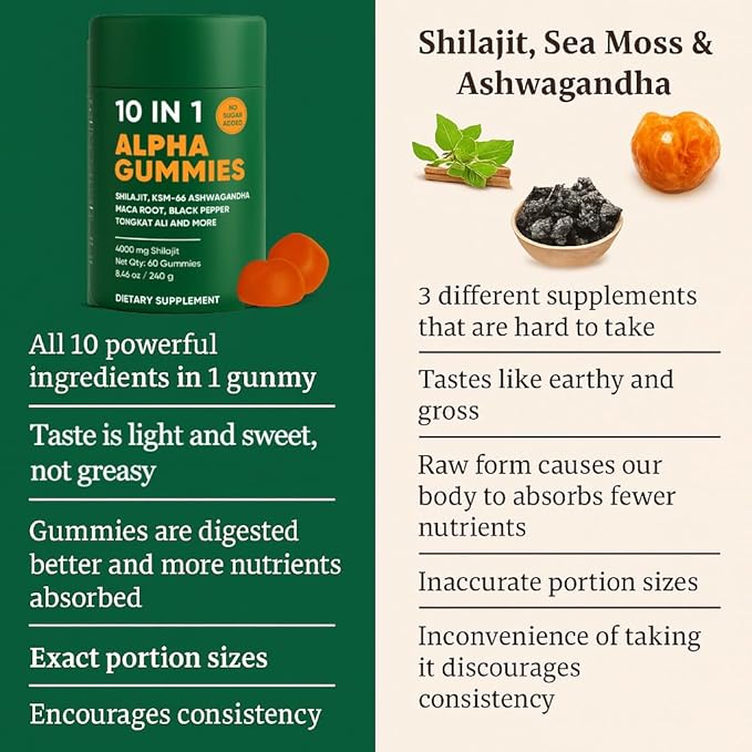 10-in-1 True Alpha Shilajit Gummies 4000mg Himalayan Alpha Gummies for Men Energy Boost Immune Support with Ashwagandha Maca Root Tongkat Ali Fulvic Acid 85+Trace Mineral No Added Sugar 60ct