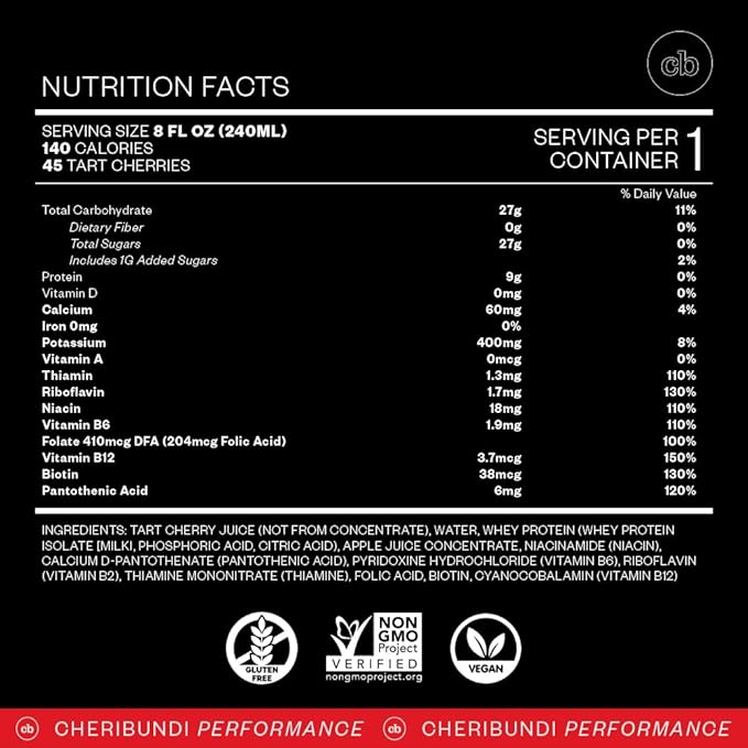 Cheribundi PROTEIN Tart Cherry Juice - Tart Cherry Juice Whey Protein - Pro Athlete Workout Recovery - Post Workout Recovery Drinks for Weight Training and Competitive Sports -8 Fl Oz (Pack of 12)