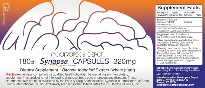 Nootropics Depot Synapsa Bacopa Monnieri Capsules | 320mg | 180 Count | Whole Plant Extract | Ayurvedic Herb | Adaptogen Supplement | to Enhance Learning Memory and Mental Performance