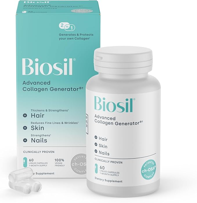 Biosil Collagen Booster Supplement - 60 Vegan Capsules - Patented ch-OSA Activator for Skin Hair Nails &amp Joints - Supports Natural Production - 30-Day Supply