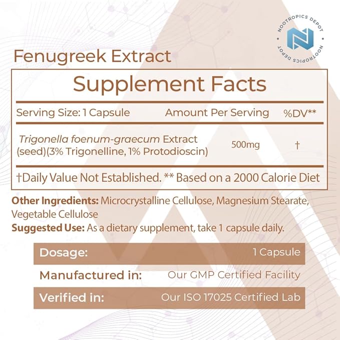 Nootropics Depot Fenugreek Extract Capsules | 500mg | 180 ct | 3% Trigonelline 1% Protodioscin | Trigonella foenum-graecum | Mood Fitness &amp Metabolic Function